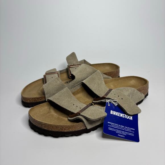 Birkenstock Unisex Arizona Suede Leather Two Strap Sandals in Taupe (Narrow) - Picture 2 of 8